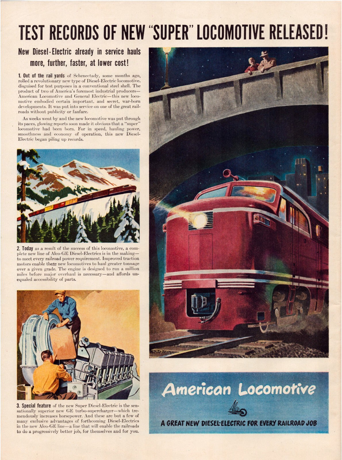 American Locomotive ALCO 1946 diesel electric train print ad red locomotive illustration full page