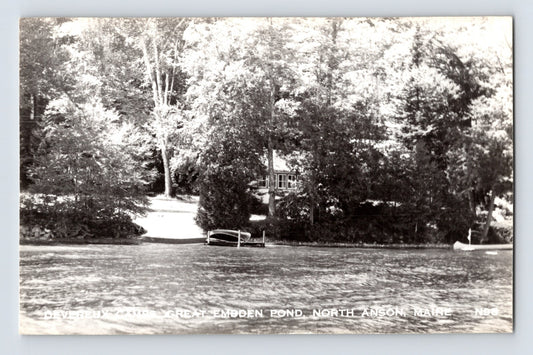 North Anson Maine Embden Pond Devereux Camp shoreline dock canoe trees RPPC photo 1950s