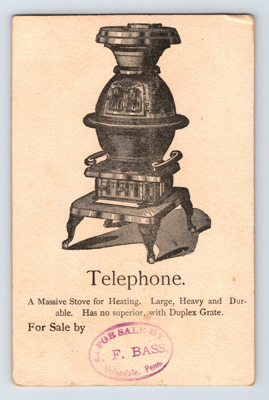 Telephone Stove Victorian Trade Card 1890s Uniondale Pennsylvania 5.5 x 3.5