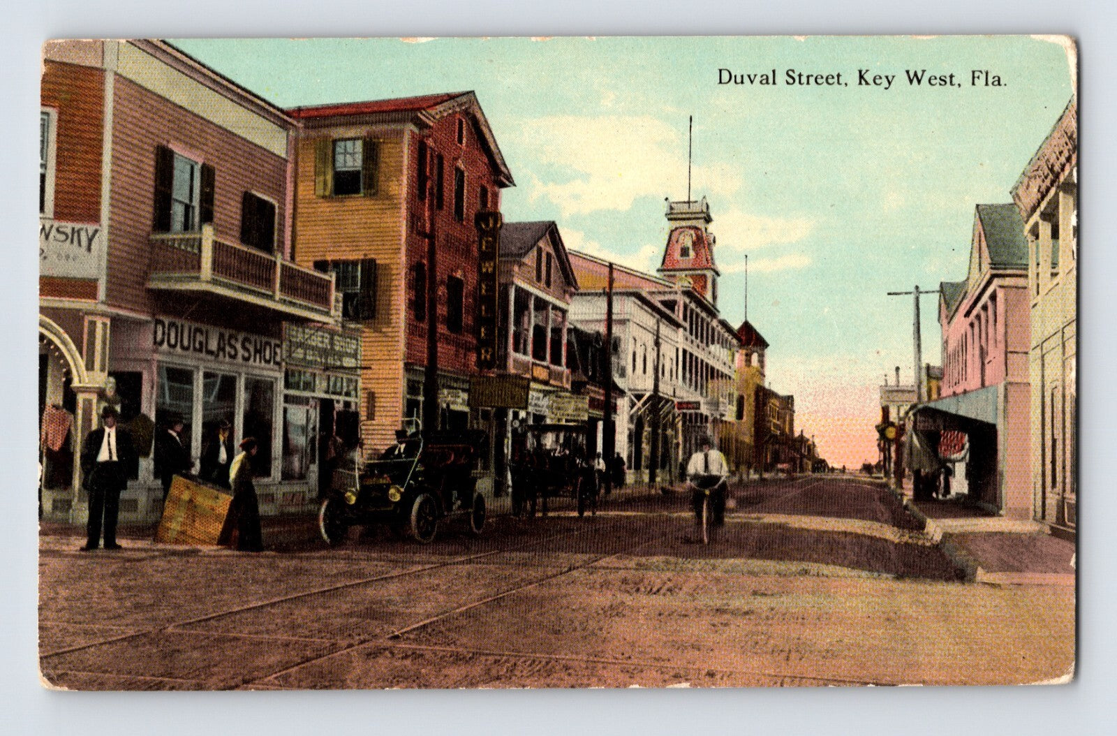 Key West Florida Duval Street storefronts Douglas Shoe early automobiles 1910s unposted postcard