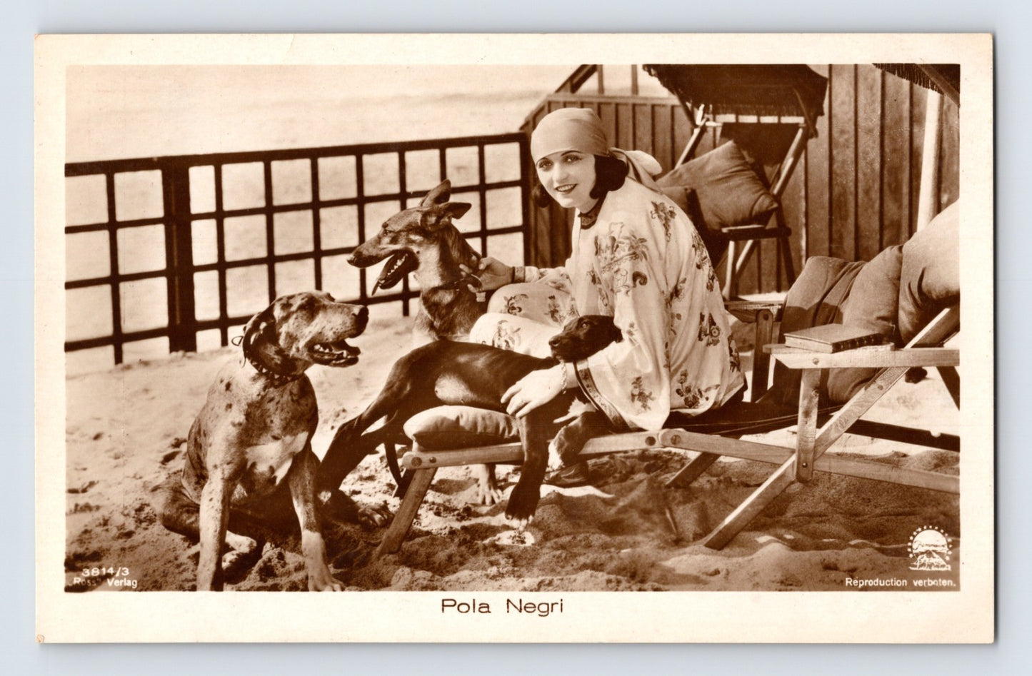 Pola Negri beach portrait with two dogs 1930s Paramount Ross photo postcard