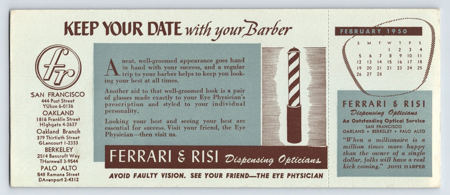 Ferrari Risi opticians barber themed 1950s advertising blotter San Francisco calendar February 1950