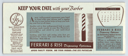 Ferrari Risi opticians barber themed 1950s advertising blotter San Francisco calendar February 1950