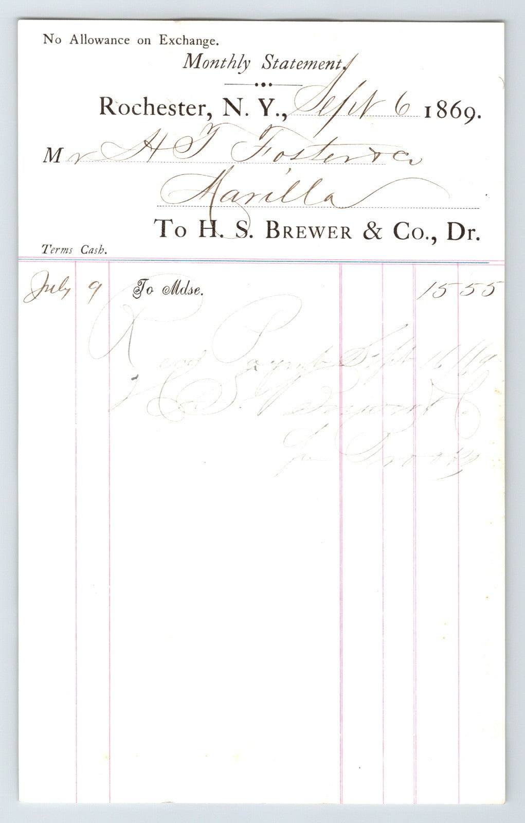 Rochester New York 1869 H. S. Brewer Stationer Statement Billhead 8 x 5.5