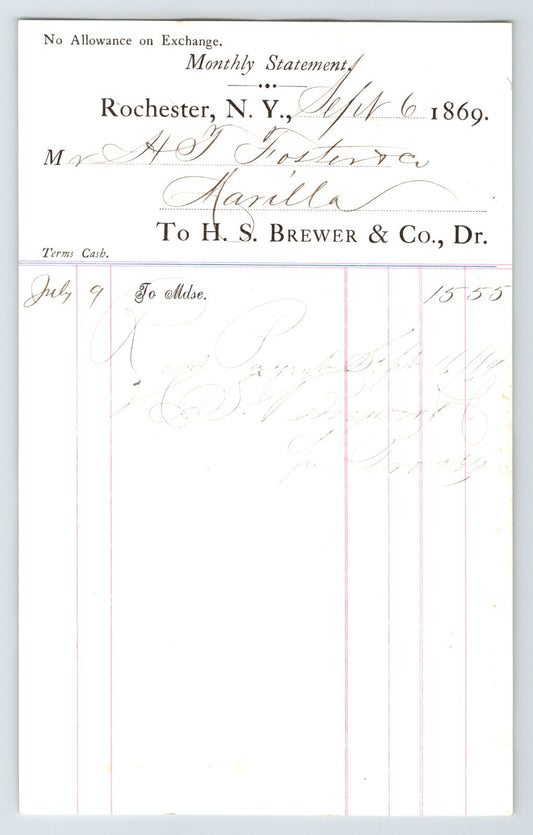 Rochester New York 1869 H. S. Brewer Stationer Statement Billhead 8 x 5.5