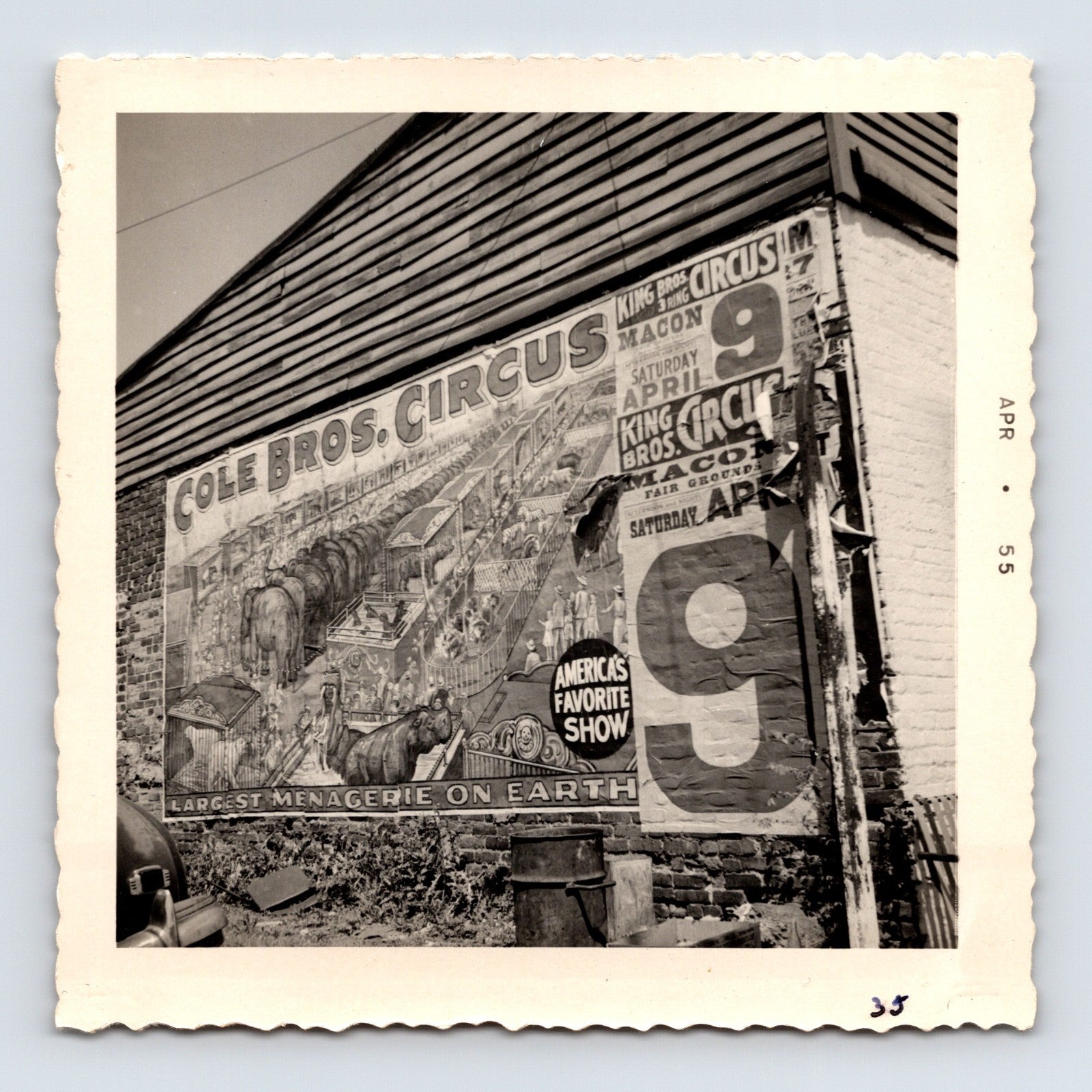 Cole Bros Circus Macon Georgia 1955 photo of billboard circus poster on brick building wall - 3.5 x 3.5