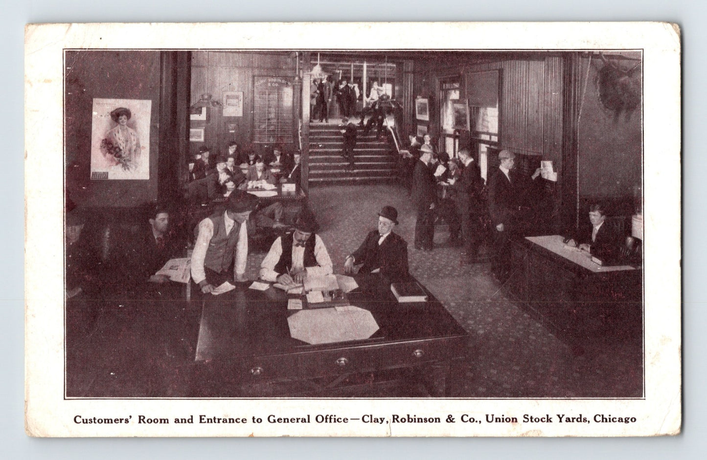 Chicago Illinois Clay Robinson Company Union Stock Yards office interior 1910 postcard posted divided back clerks desks