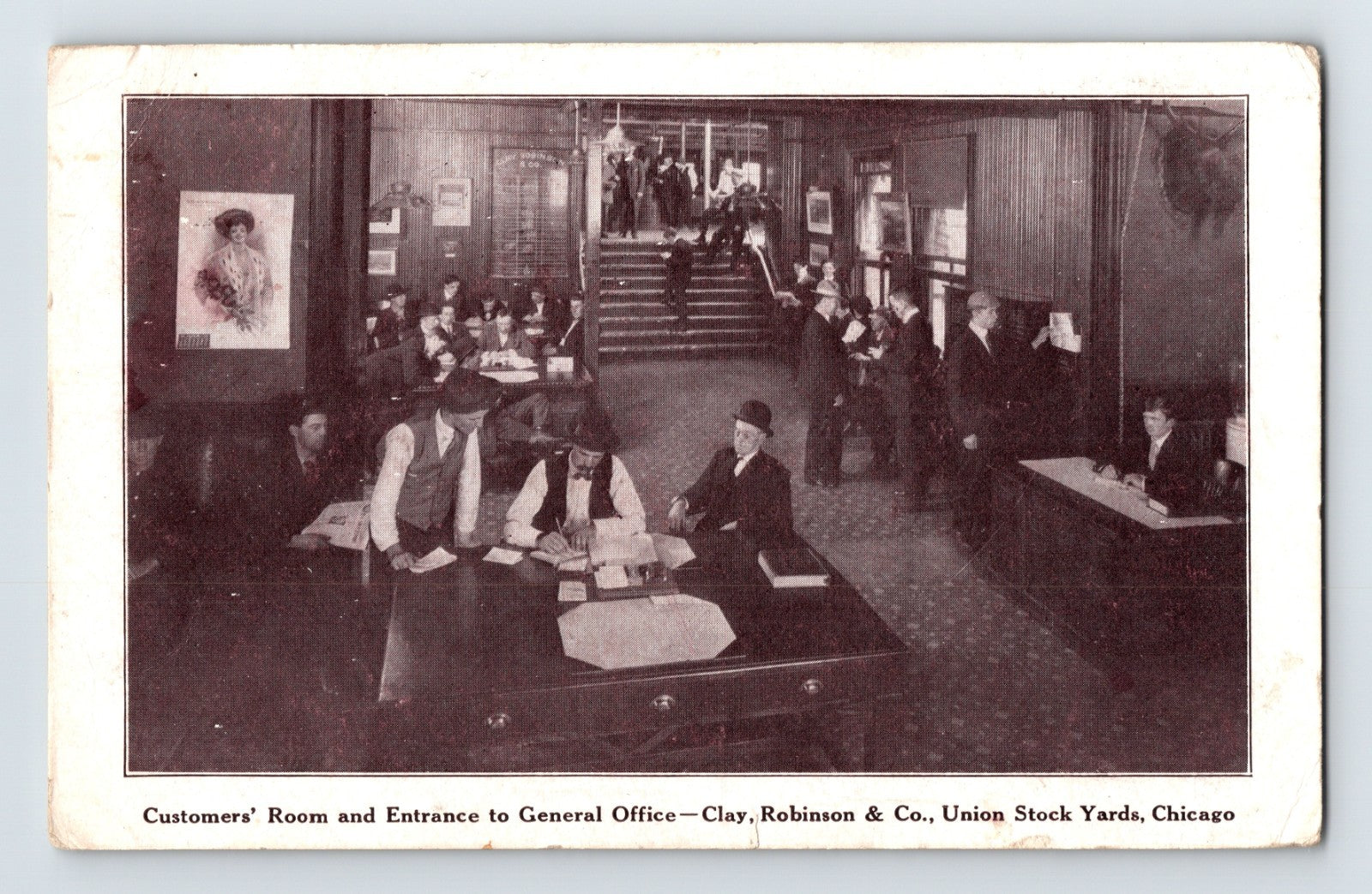 Chicago Illinois Clay Robinson Company Union Stock Yards office interior 1910 postcard posted divided back clerks desks