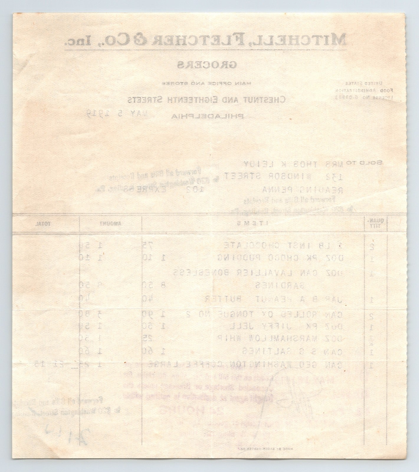 Philadelphia PA 1919 Mitchell Fletcher Grocers Billhead 6 x 7