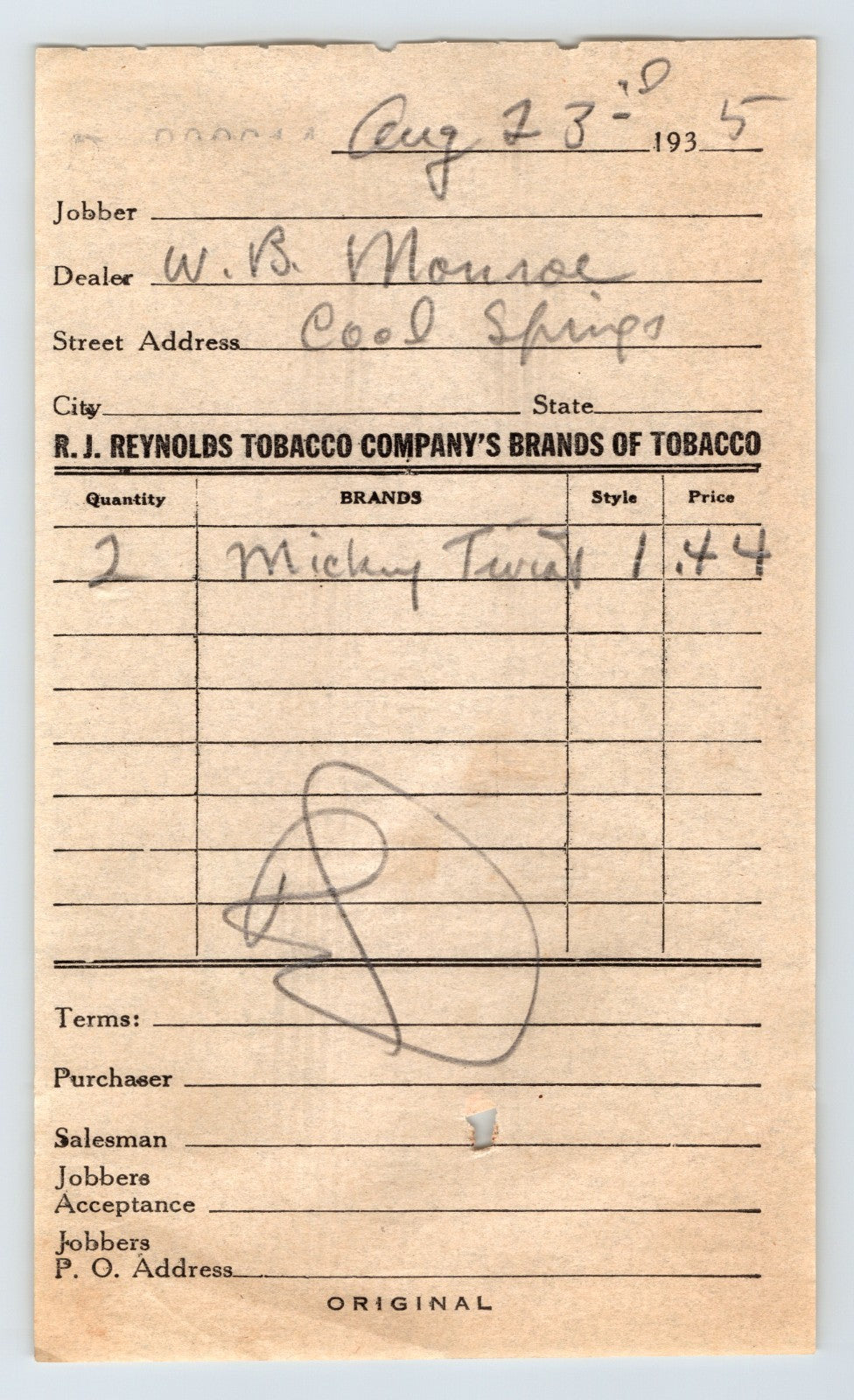 West Virginia Cool Springs 1935 RJ Reynolds Tobacco order billhead invoice