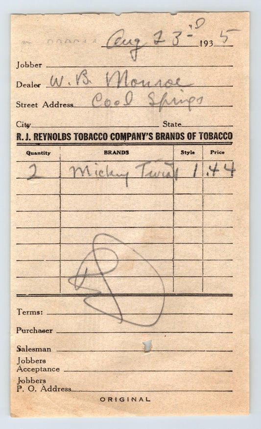 West Virginia Cool Springs 1935 RJ Reynolds Tobacco order billhead invoice