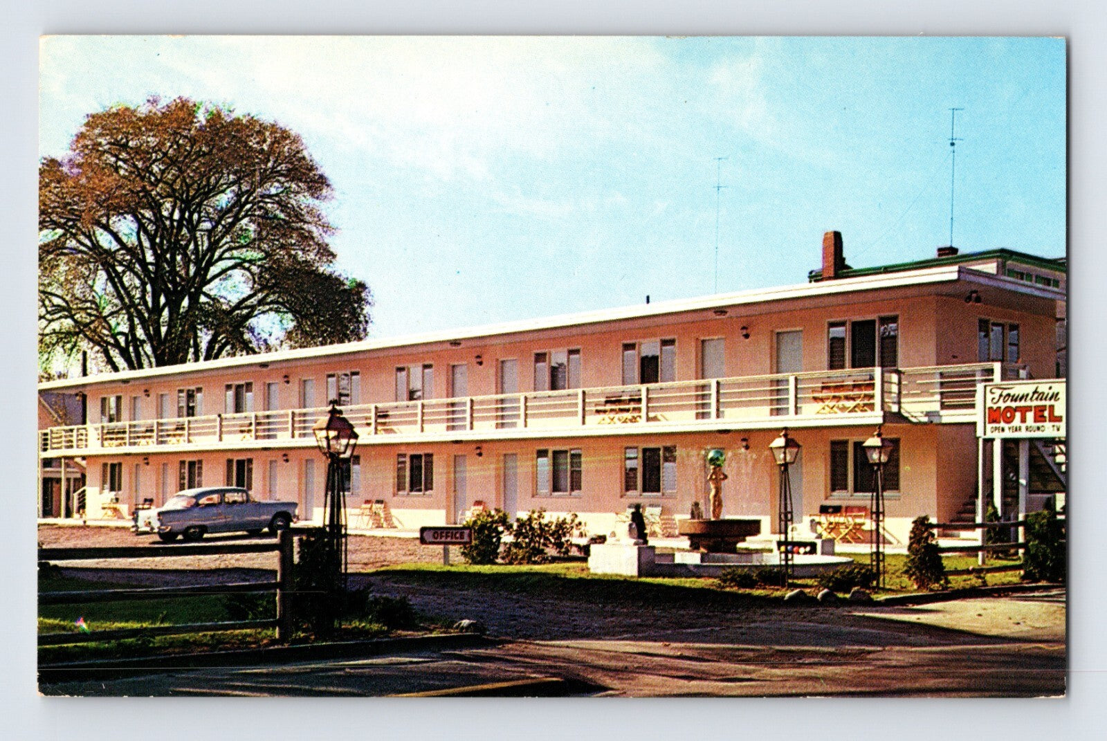 Hyannis Massachusetts Fountain Motel Cape Cod exterior mid-century motor lodge balcony parking lot 1960s chrome postcard