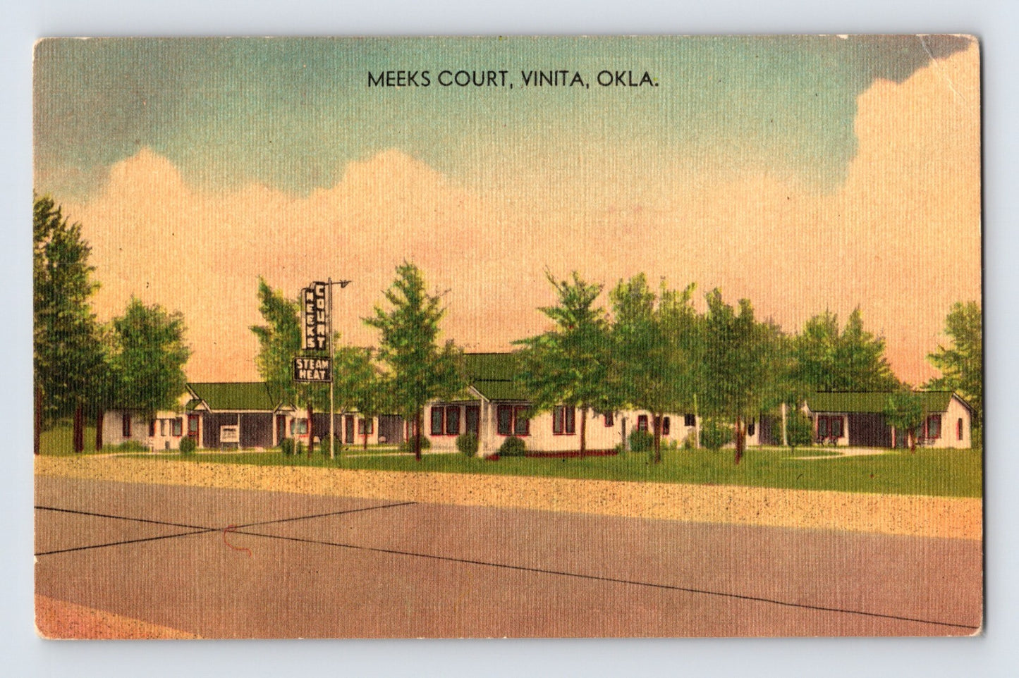 Vinita Oklahoma Meeks Court Route 66 roadside motel linen postcard 1940s