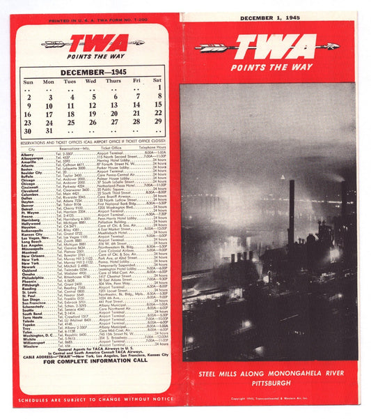 TWA Trans World Airlines December 1945 system timetable brochure cover featuring Pittsburgh steel mills at night