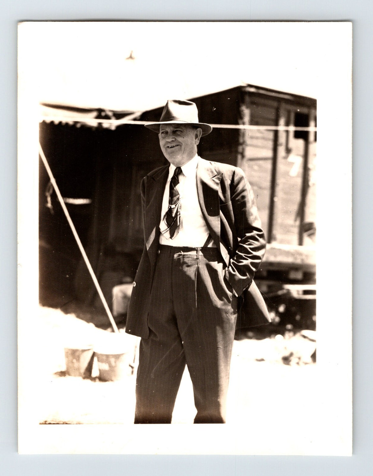 Cole Bros Circus owner Jack Terrell standing outdoors in suit and hat 1944 Grand Island Nebraska vintage photograph