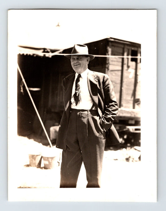 Cole Bros Circus owner Jack Terrell standing outdoors in suit and hat 1944 Grand Island Nebraska vintage photograph