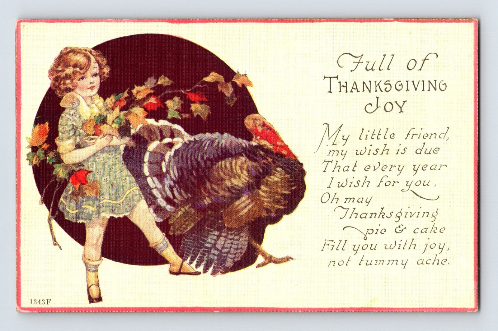 Thanksgiving postcard girl holding turkey autumn leaves 1920s vintage greeting