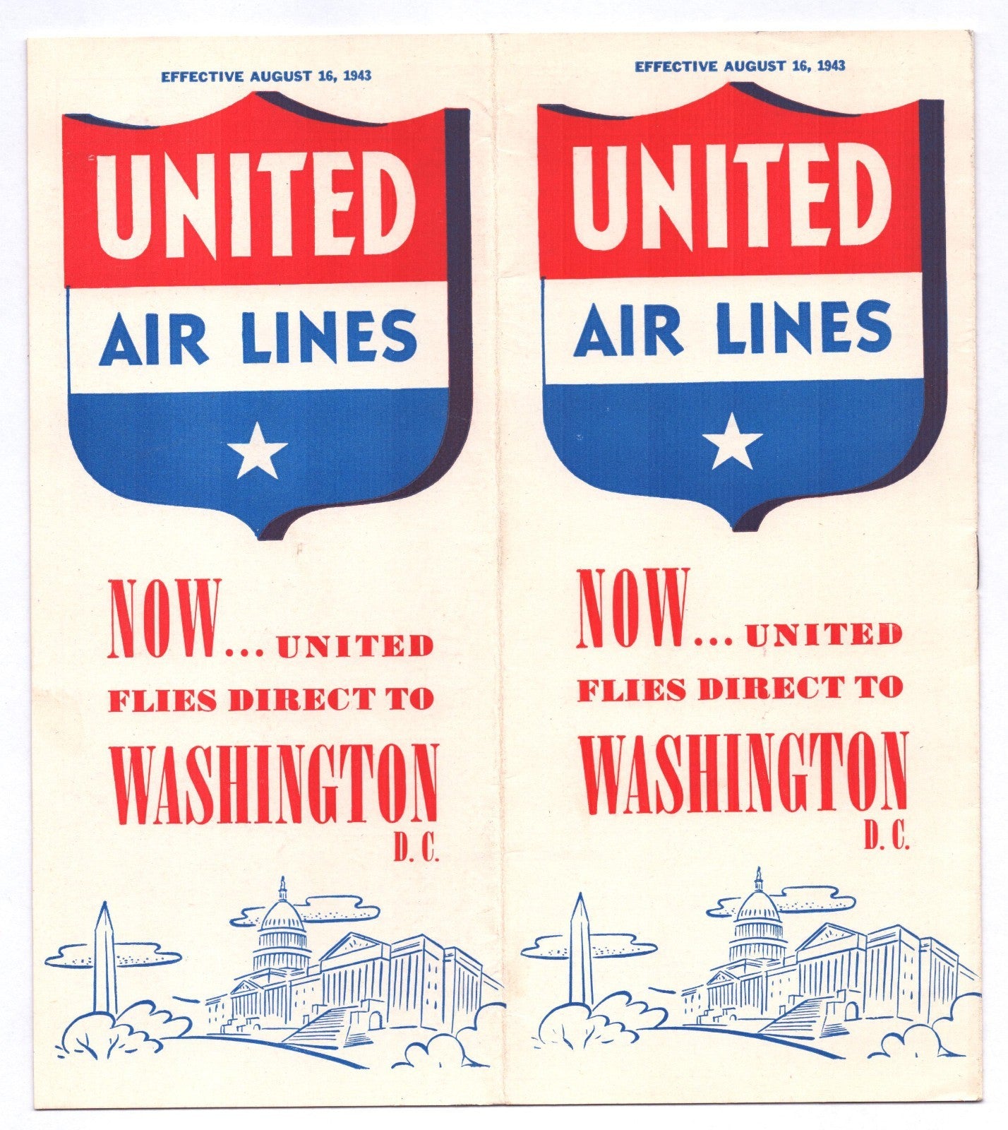 1943 United Air Lines system timetable brochure showing red white and blue shield logo and Washington DC direct service announcement