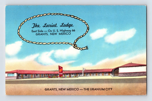 Grants New Mexico Route 66 Lariat Lodge motel rope graphic 1950s chrome postcard