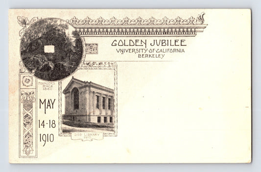 University of California Berkeley postcard showing Golden Jubilee 1910 design with Doe Library vignette