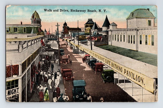 Elevated view of Walk and Drive at Rockaway Beach Long Island New York with early automobiles and bathing pavilion