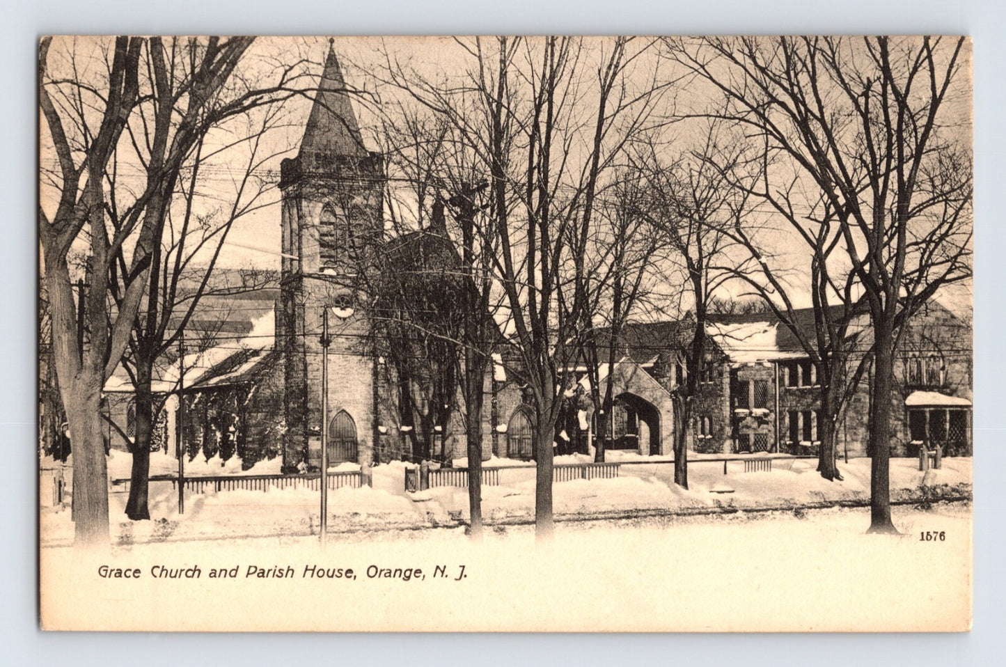 Orange New Jersey Grace Church and Parish House winter scene trees snow early postcard