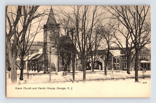 Orange New Jersey Grace Church and Parish House winter scene trees snow early postcard