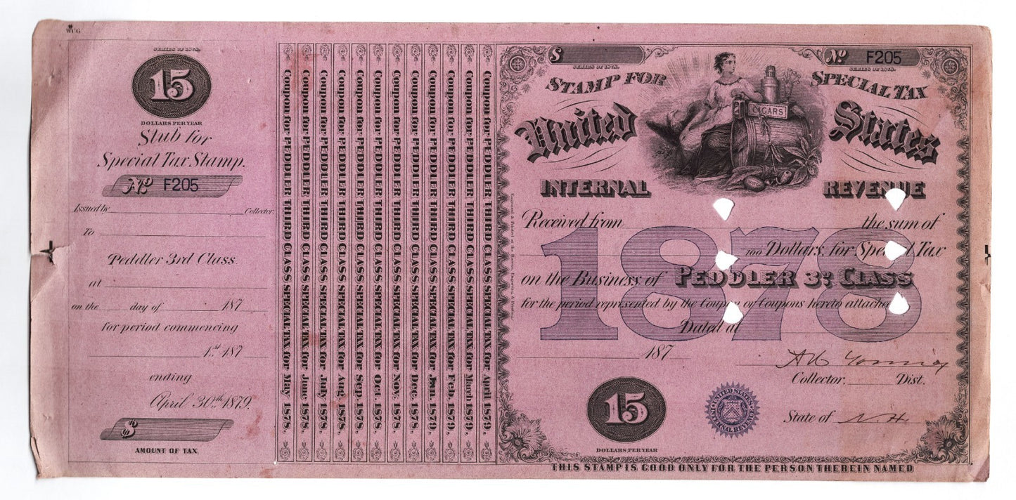Purple engraved United States Internal Revenue special tax stamp for cigar tobacco peddler third class 1876