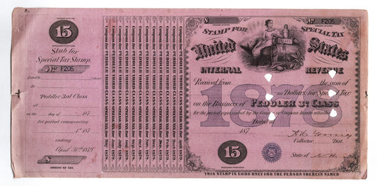 Purple engraved United States Internal Revenue special tax stamp for cigar tobacco peddler third class 1876