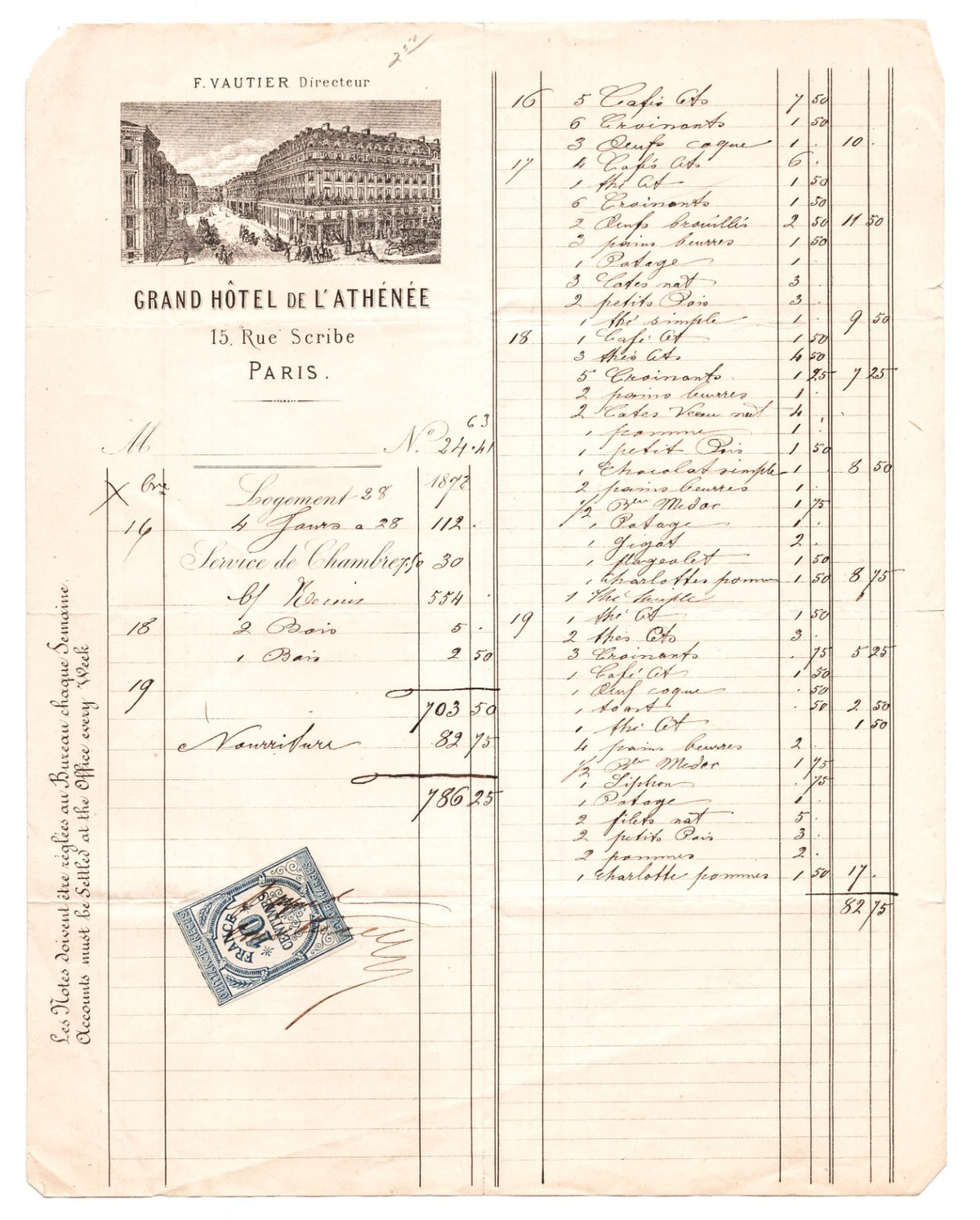 Paris France Grand Hotel de l Athenee illustrated 1880s billhead with itemized guest charges and revenue stamp