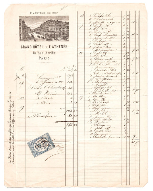 Paris France Grand Hotel de l Athenee illustrated 1880s billhead with itemized guest charges and revenue stamp