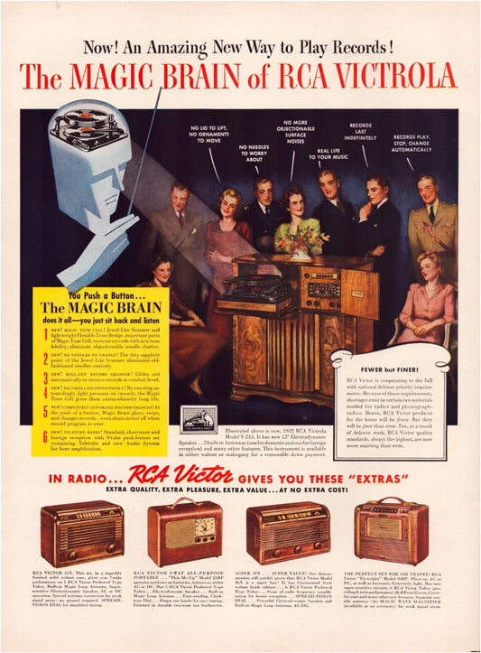 RCA Victrola Magic Brain 1942 radio phonograph family listening print ad vintage magazine page