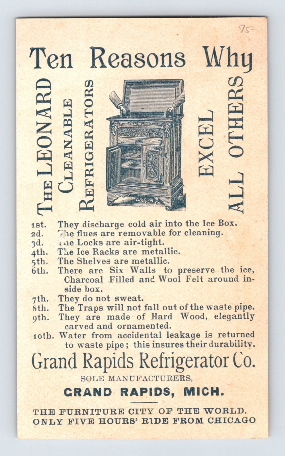 Leonard Cleanable Refrigerator 1890s Victorian Trade Card Grand Rapids 3" x 5"