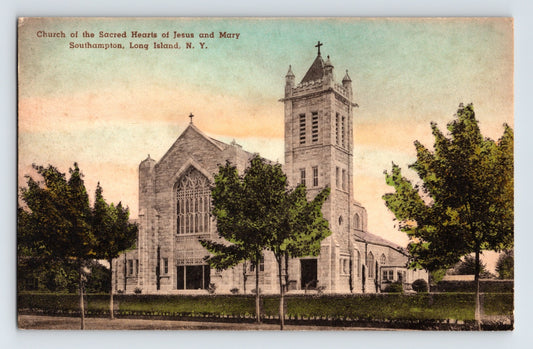 Southampton Long Island Sacred Heart Church stone building tower trees 1910s postcard