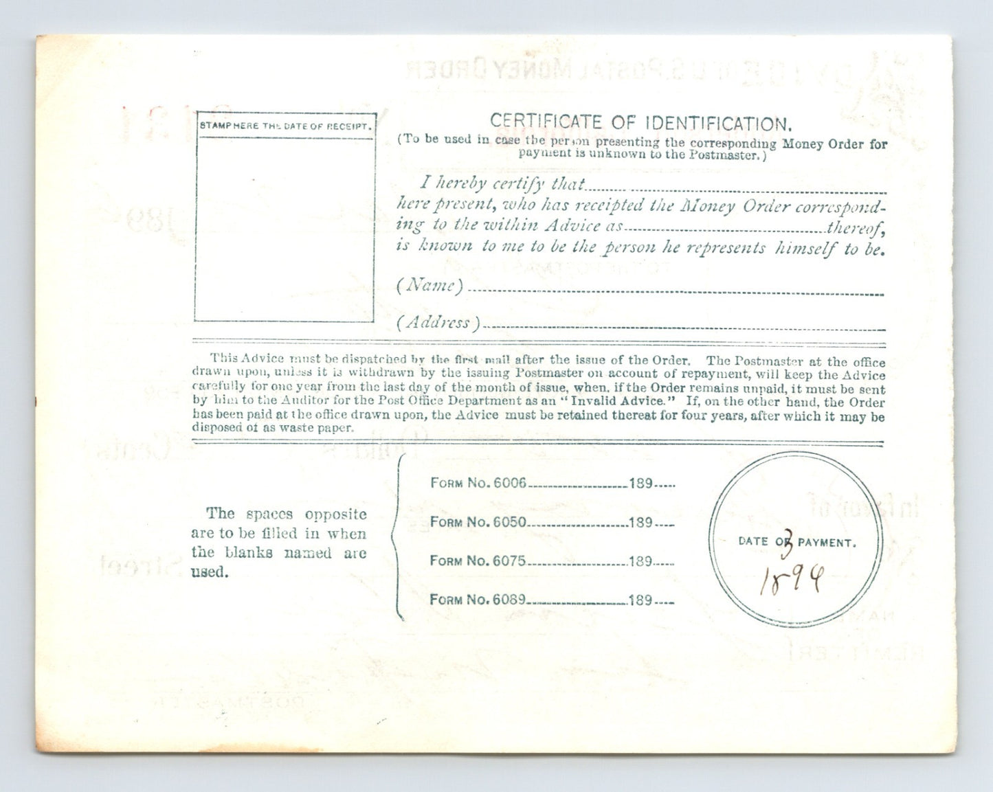 Burney California 1896 Postal Money Order Advice Shasta 5 x 4