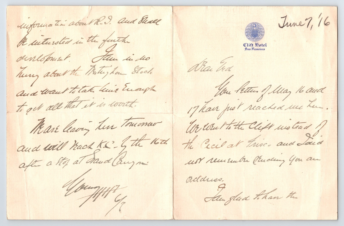 San Francisco California 1916 Clift Hotel Guest Letterhead 10 x 7