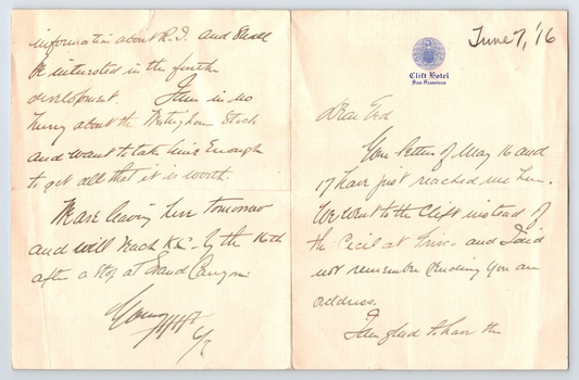 San Francisco California 1916 Clift Hotel Guest Letterhead 10 x 7