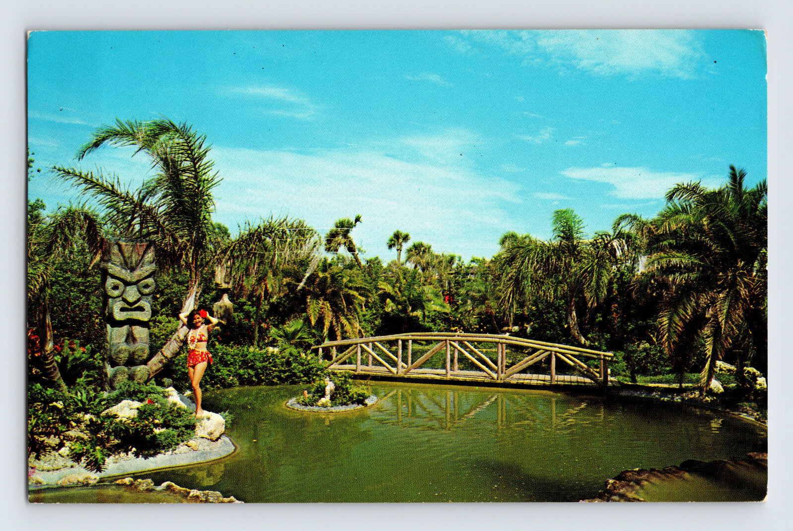 Indian Rocks Beach Florida tiki garden lagoon bridge tropical landscaping 1966 postcard