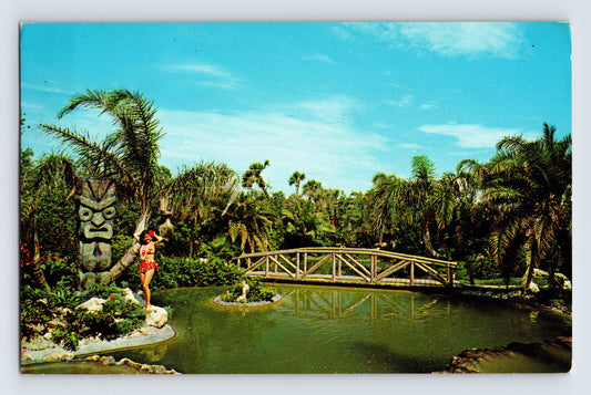 Indian Rocks Beach Florida tiki garden lagoon bridge tropical landscaping 1966 postcard