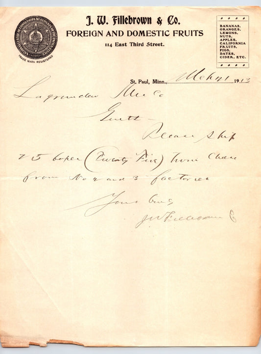 St Paul Minnesota Fillebrown Foreign Domestic Fruits 1913 letterhead handwritten business correspondence