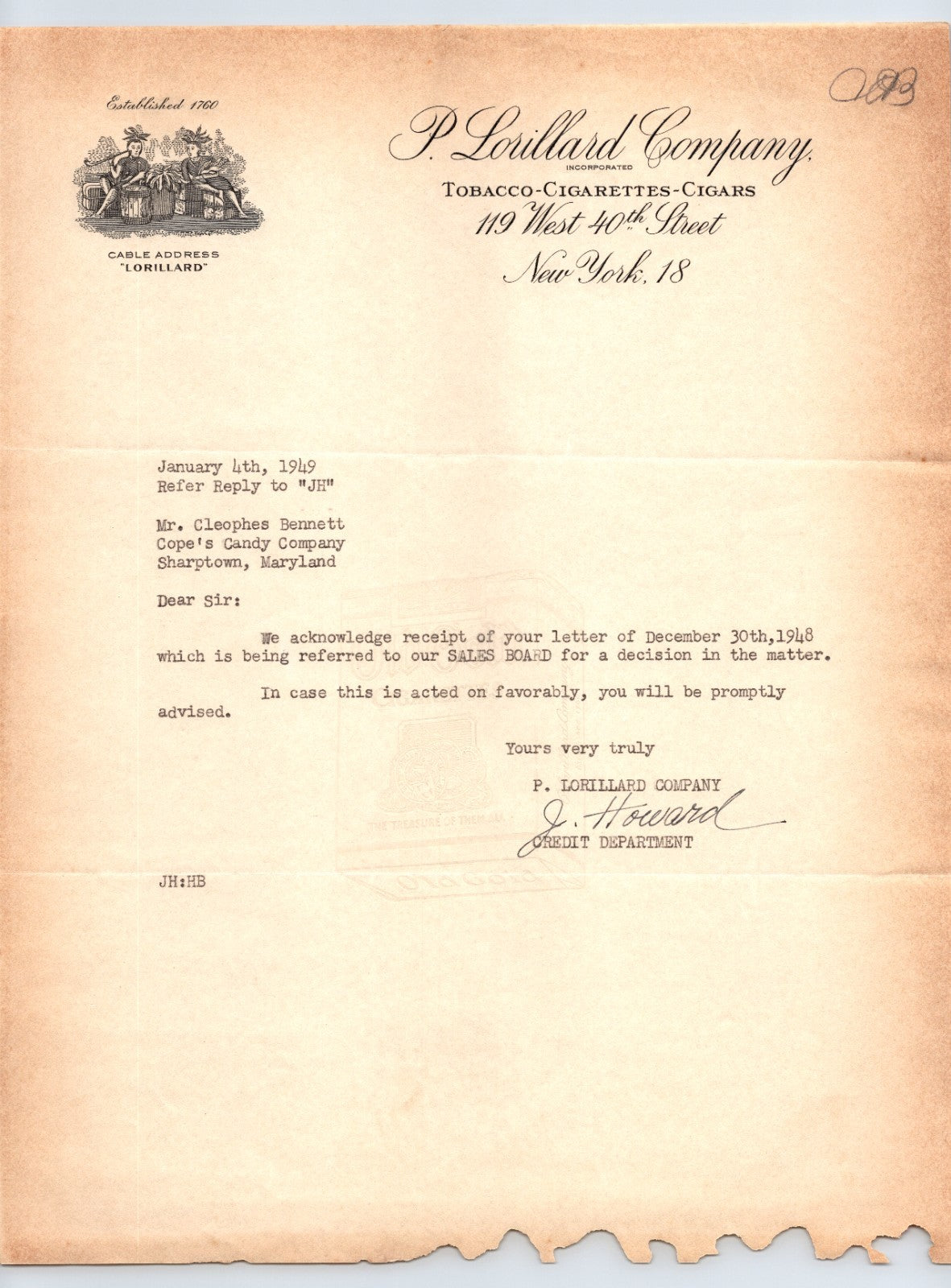 New York City P Lorillard Company 1949 tobacco cigarette letterhead business document