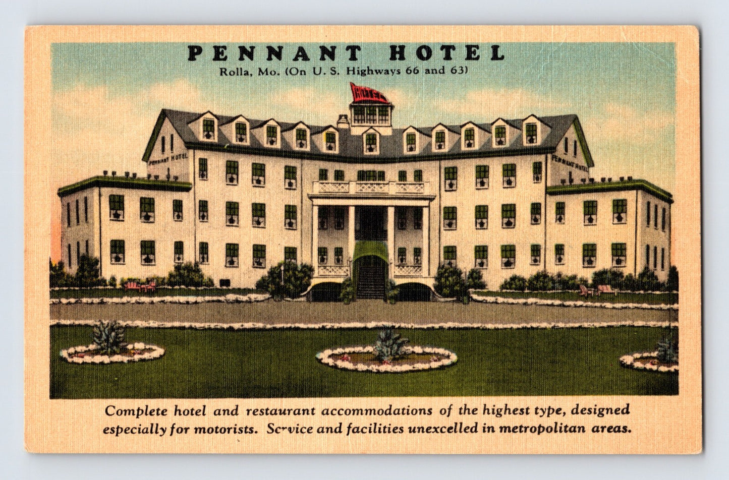 Rolla Missouri Route 66 Pennant Hotel facade landscaped lawn 1940s linen postcard