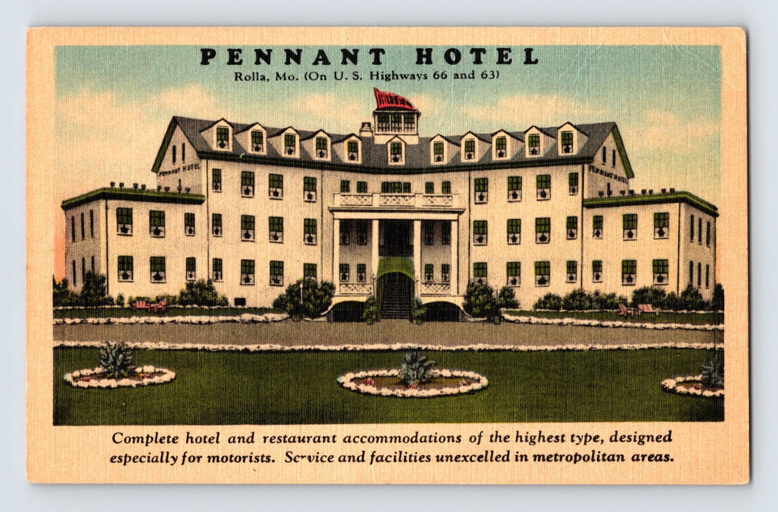 Rolla Missouri Route 66 Pennant Hotel facade landscaped lawn 1940s linen postcard
