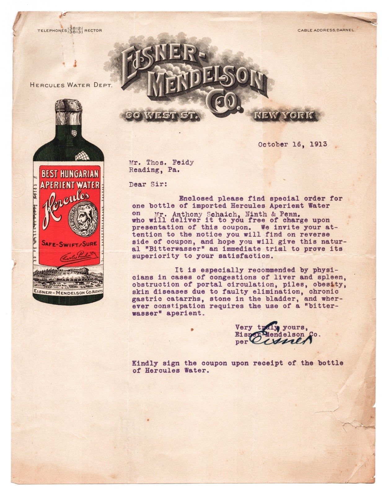 New York City 1913 Eisner Mendelson Hercules Aperient Water Letterhead 8.5 x 11