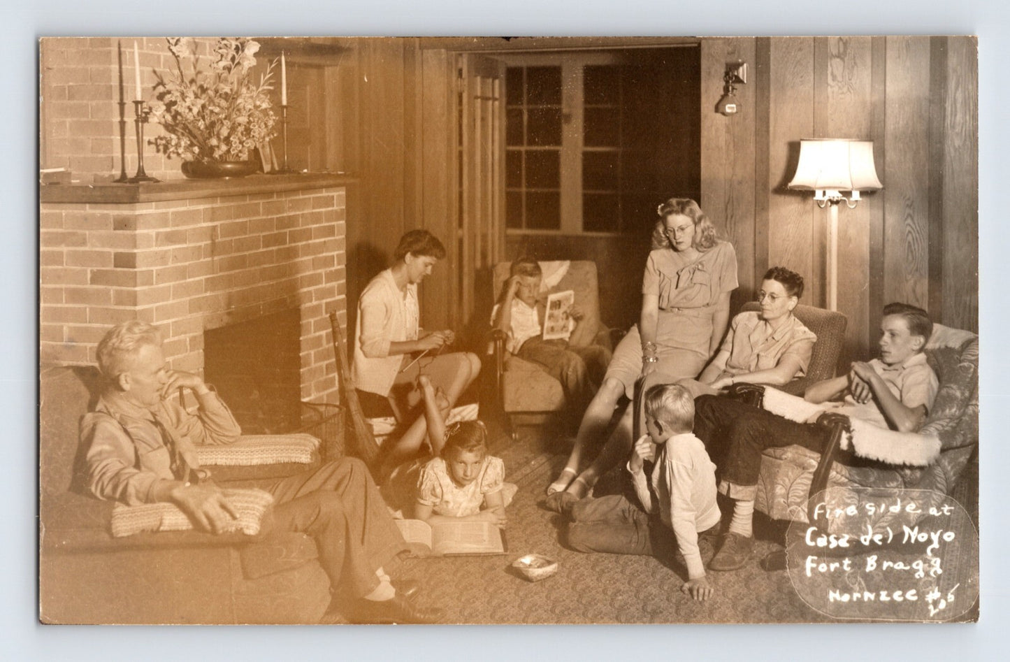 Casa Del Noyo interior family gathering scene Fort Bragg California 1940s RPPC EKC postcard unposted