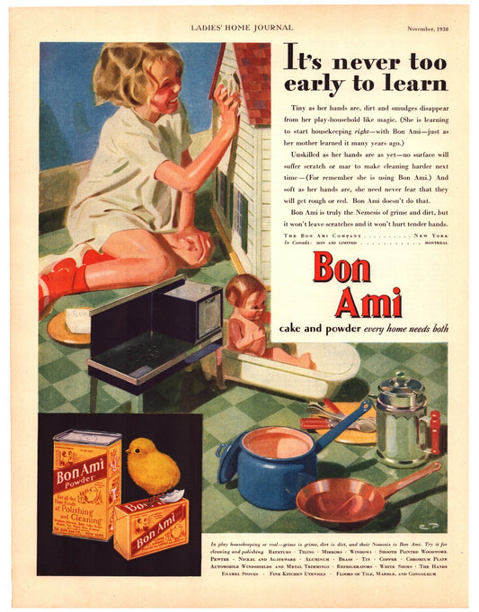Bon Ami Soap 1930 Print Ad Cute Little Girl Doll House 13.5 x 10.5
