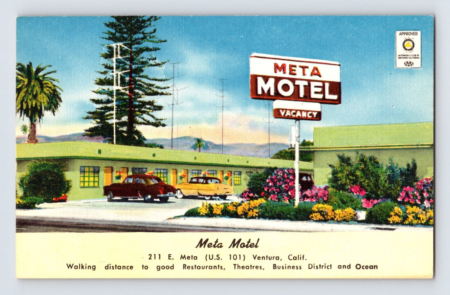 Ventura California Meta Motel 1940s roadside motel sign cars linen postcard