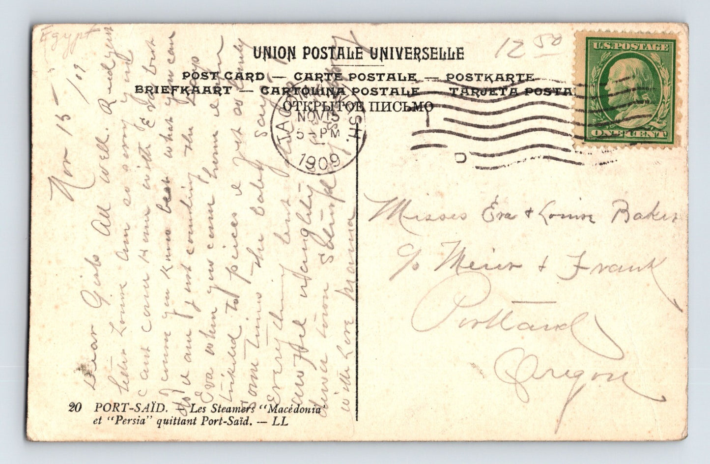 Port Said Egypt Peninsular Oriental Line Macedonia Persia 1909 Postcard Posted