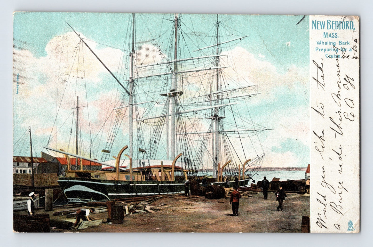 Vintage postcard of a ship docked at a harbor with people around, New Bedford, Mass.