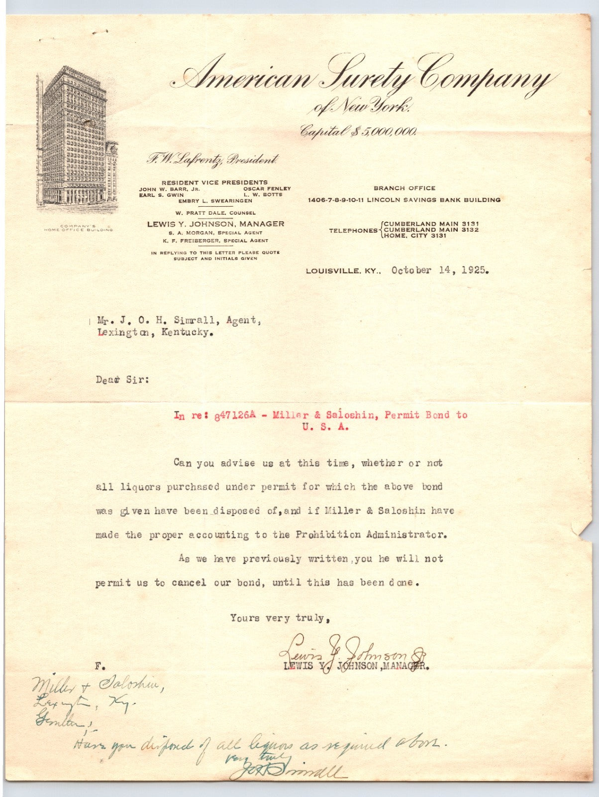 Louisville Kentucky American Surety Company 1925 Prohibition Bond Letterhead 8.5 x 11
